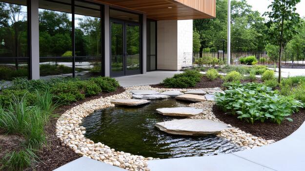 A small pond in front of a building photo