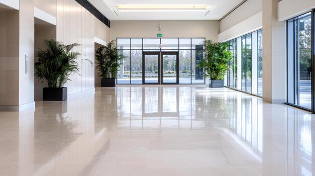 A large white hallway with large windows and a large plant photo