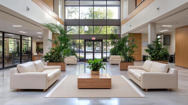 A large lobby with a lot of plants photo