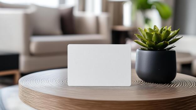 A white square on a table next to a plant photo