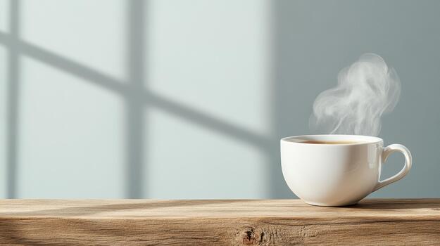 A cup of coffee on a wooden table with a window photo