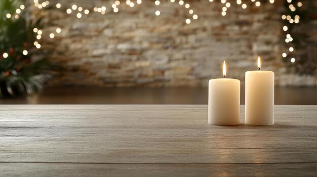 Two candles on a wooden table in front of a christmas tree photo