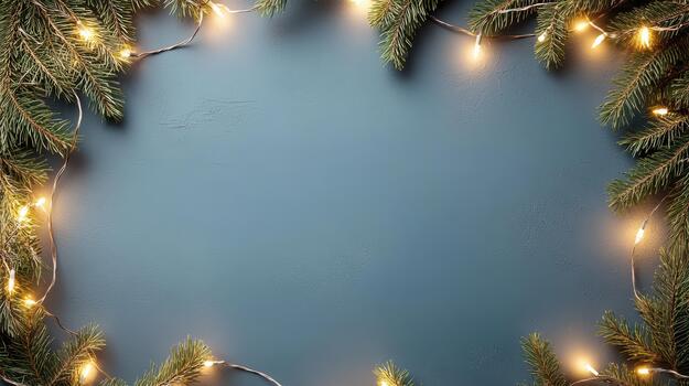 Christmas frame with fir branches and christmas lights on blue background photo