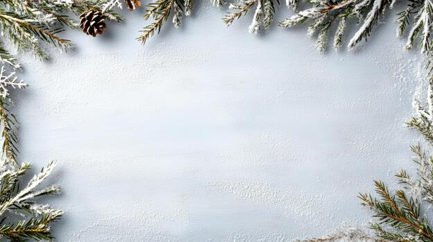 Christmas frame with fir branches and snow on a blue background photo