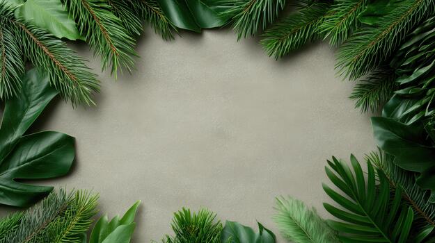 Green leaves and pine branches on a concrete background photo