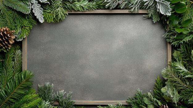 Christmas frame with fir branches and pine cones on a gray background photo