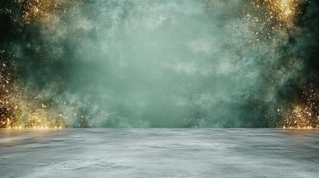 An empty room with a green background and gold lights photo