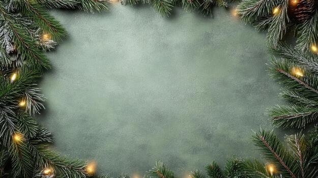 Christmas frame with fir branches and lights on a dark background photo