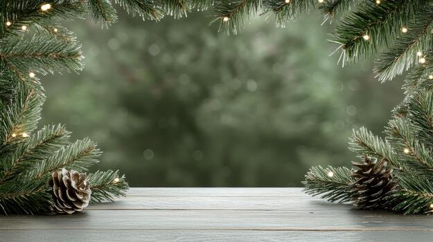 Christmas tree on wooden table with blurred background photo