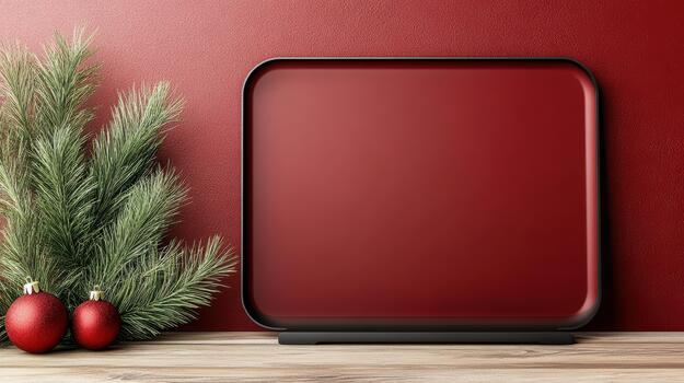 A red frame with christmas decorations on a wooden table photo