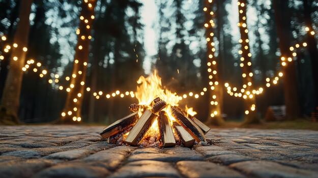 A campfire in the woods with string lights photo