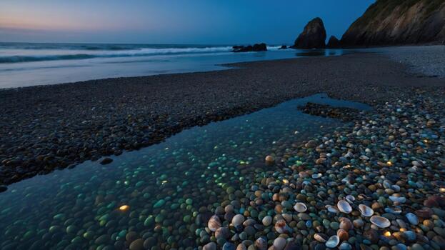 Serene beach at dusk with colorful pebbles and shells in a tidal pool, waves gently lapping photo