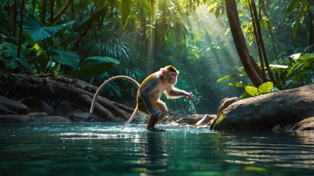 Playful monkey splashing in a tranquil stream surrounded by lush greenery and sunlight filtering through trees photo