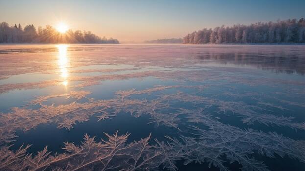 Serene winter sunrise over a frozen lake with intricate ice patterns and frosted trees in the background photo