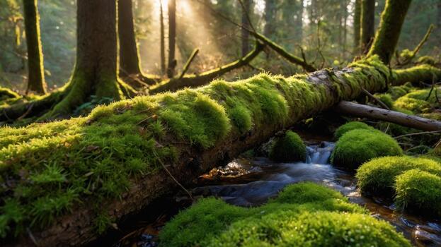 tranquilo bosque escena con cubierto de musgo Iniciar sesión terminado un arroyo, luz de sol filtración mediante arboles foto
