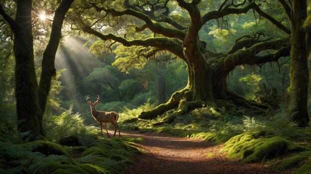 Serene deer standing on a forest path surrounded by lush greenery and sun rays filtering through trees photo