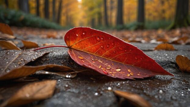 Vibrant red leaf with droplets resting on a path in a serene autumn forest surrounded by trees photo