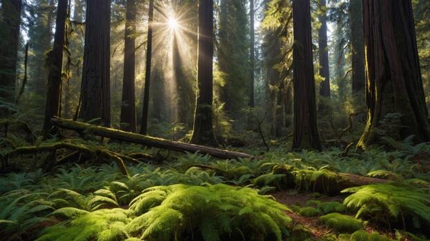 luz de sol filtración mediante alto arboles en un lozano bosque, esclarecedor helechos y un caído Iniciar sesión foto