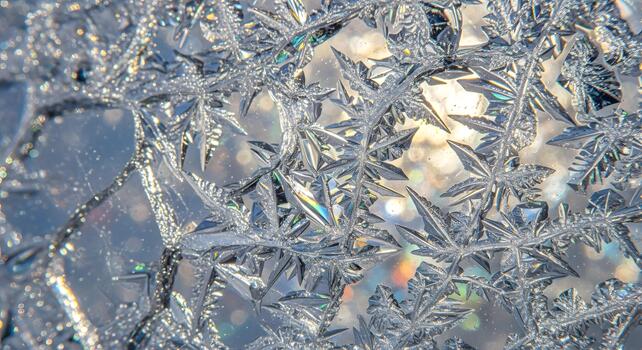 Intricate ice crystals form delicate snowflake patterns, sparkling with refracted light in a macro close-up photo