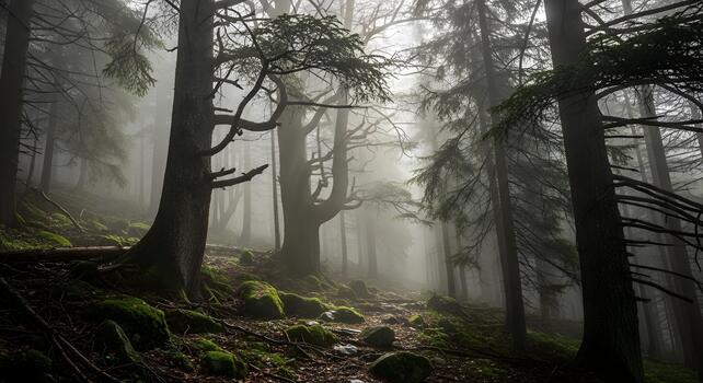 A mysterious fog descends upon an ancient mountain forest, casting a haunting spell over gnarled trees and moss-covered paths, creating an ethereal and serene landscape photo