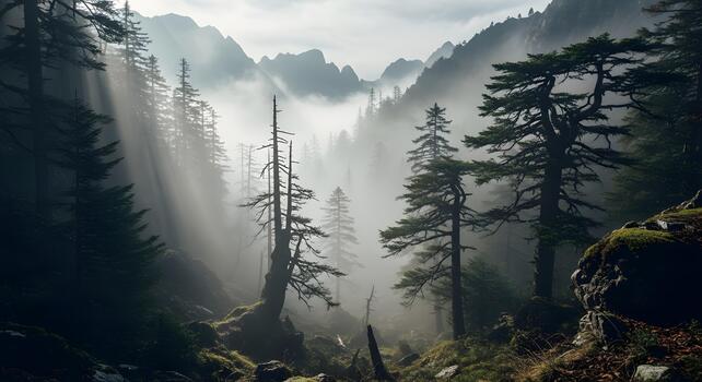 Mysterious mountain forest shrouded in rolling fog with sunbeams piercing through ancient trees, creating an ethereal and serene wilderness vista photo