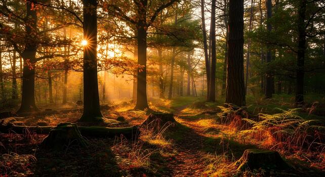 Golden hour sunlight streams through the trees, illuminating a forest path with vibrant hues and dappled light, creating a magical and serene atmosphere photo