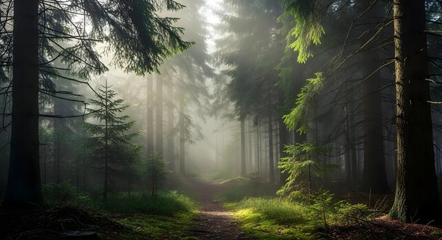 A path through a forest with trees and fog photo