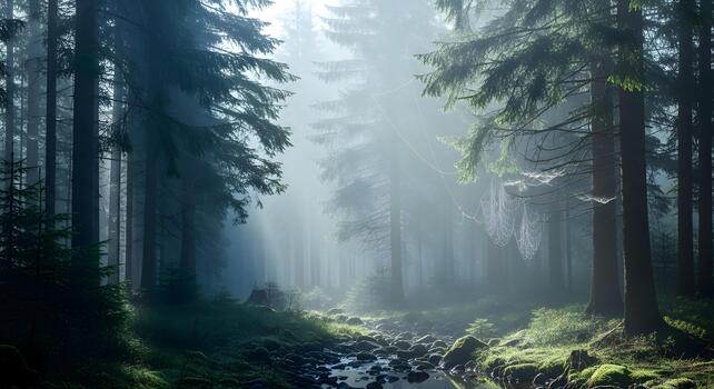A stream runs through a forest with trees and fog photo