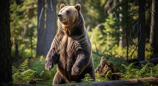 oso pardo oso en pie alto en un lozano bosque ambiente buscando atención foto