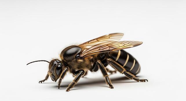 Detailed close-up of a black and brown striped bee isolated on a plain background photo
