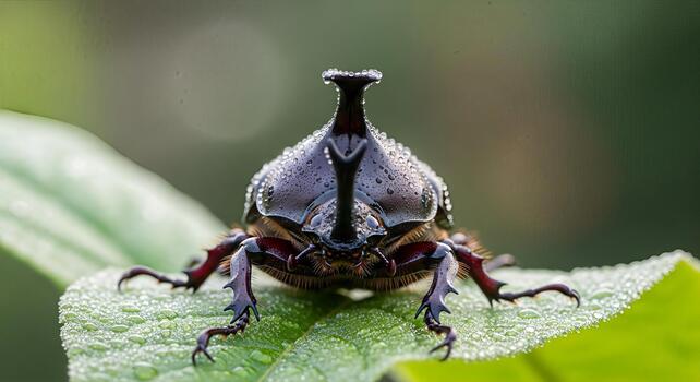 Captivating macro image of a rhinoceros beetle adorned with dewdrops on foliage photo
