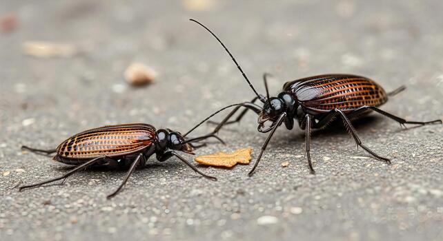 Two beetles interacting near a crumb on a textured gray surface showcasing insect behavior photo