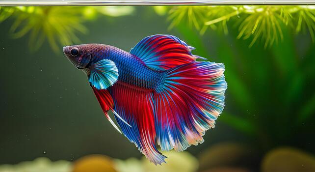Vibrant betta splendens displaying its ornate fins in an aquatic environment photo
