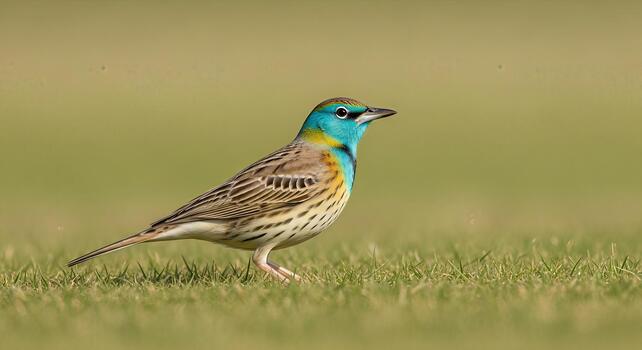 Vibrant blue throated lark exploring the ground in a serene natural habitat setting photo