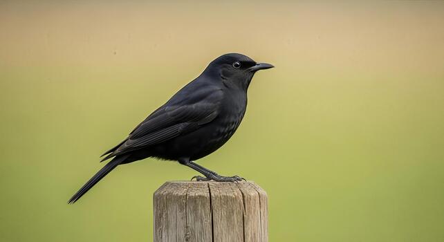 Elegant black bird perched atop weathered wooden post against a blurred gradient backdrop photo