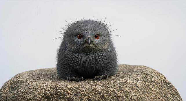 Portrait of a fluffy gray bird with striking eyes perched atop a textured rock surface photo