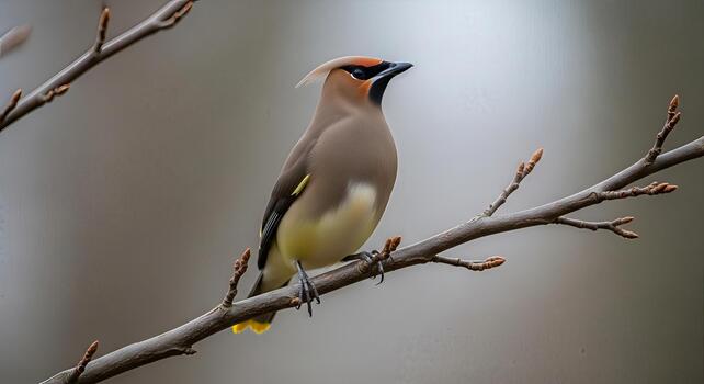 Waxwing bird perched gracefully on budding branch against a soft pastel background photo