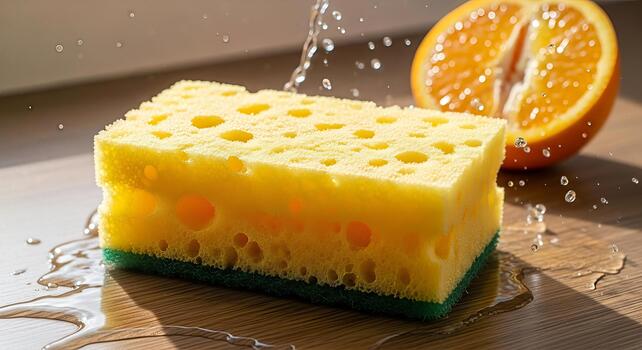 Capturing the essence of cleanliness. a yellow sponge with cascading water drops creates photo