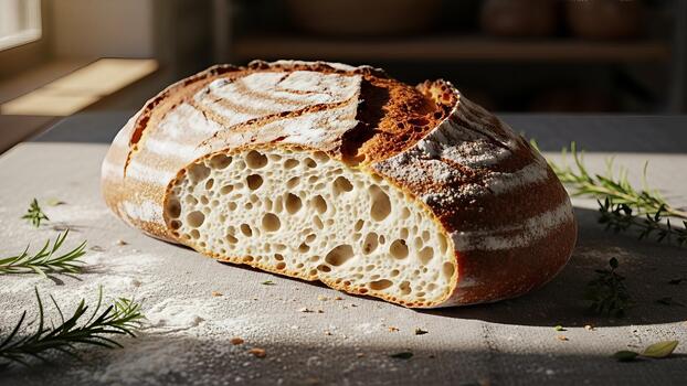 Rustic Sourdough Bread with Herbs Displaying a golden Crust and Airy Interior photo