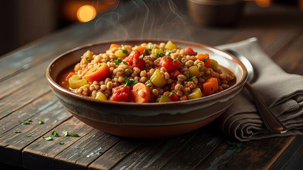 rústico perla cebada estofado con Fresco vegetales servido en un loza de barro cuenco foto