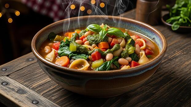 Rustic minestrone soup bursting with garden vegetables served in vintage bowl photo