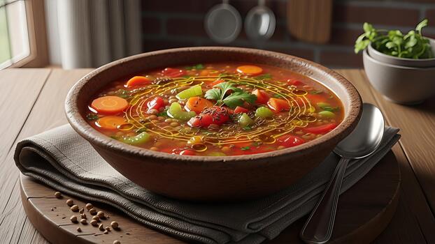 Rustic lentil soup with fresh vegetables and olive oil drizzle served in an earthenware bowl on photo