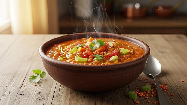 rústico lenteja sopa con Fresco vegetales humeante en un de madera mesa antecedentes foto