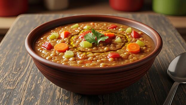 Rustic lentil soup with vibrant vegetables on a weathered wooden table setting photo
