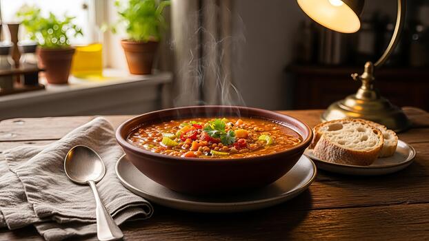 rústico lenteja sopa servido en calentar ligero atractivo espectadores a saborear acogedor comodidad foto