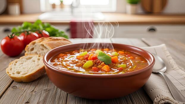 rústico lenteja sopa con Fresco Tomates y un pan en un de madera superficie en un cocina foto
