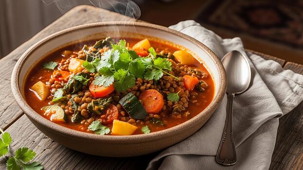 rústico lenteja sopa en loza de barro cuenco con Fresco vegetales y hierbas y fumar foto