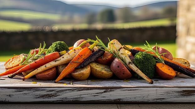 rústico culinario presentación de asado raíz vegetales en un resistido tablero escénico fondo foto