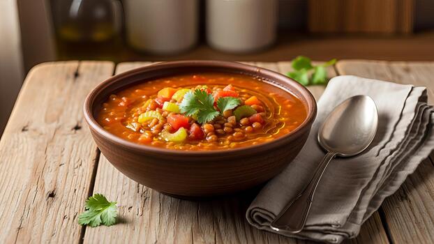 rústico lenteja sopa servido en un marrón cuenco en un resistido de madera mesa parte superior foto
