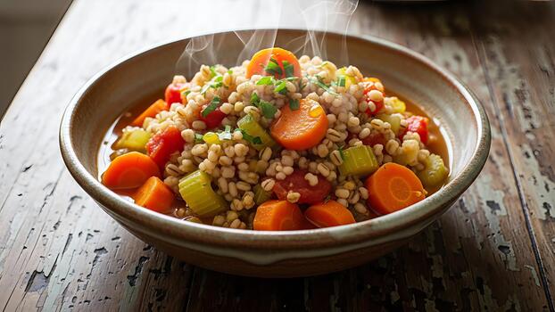 rústico cuenco de humeante cebada sopa con vibrante vegetales en de madera superficie foto